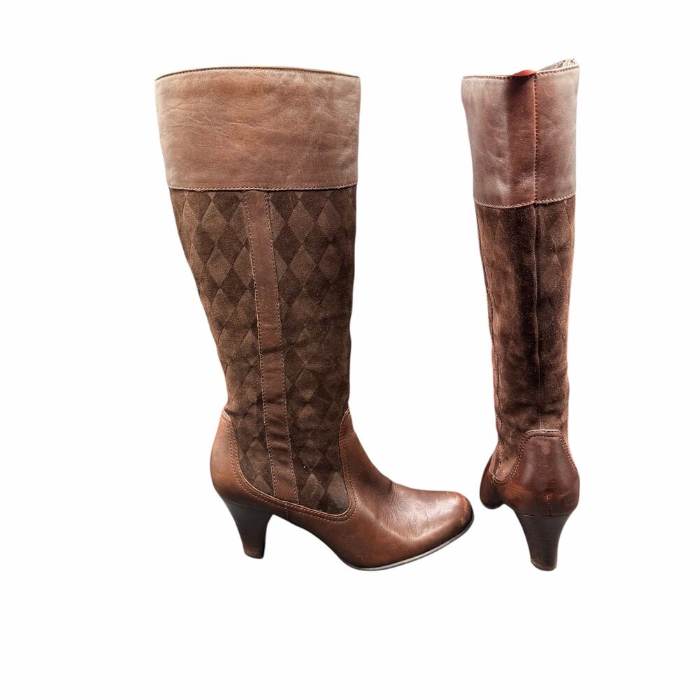 Born Brown Leather Knee High Boots Size 8 Quilted Suede Panel Zip Heel